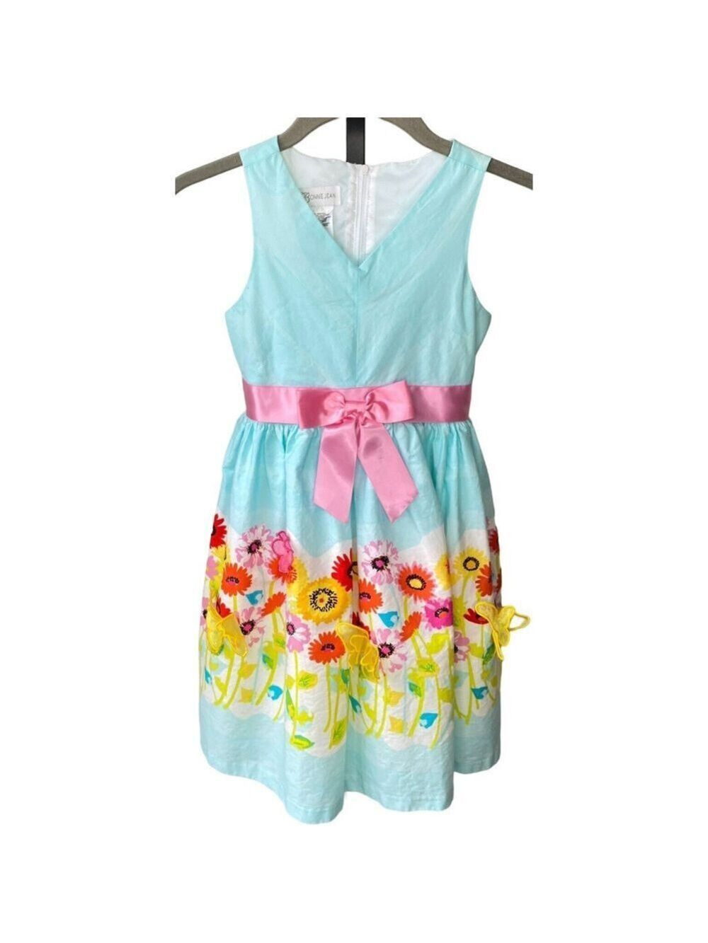 Bonnie Jean Blue Multi Floral Dress Satin Bow Appliqué Butterflies Girls Sz 6